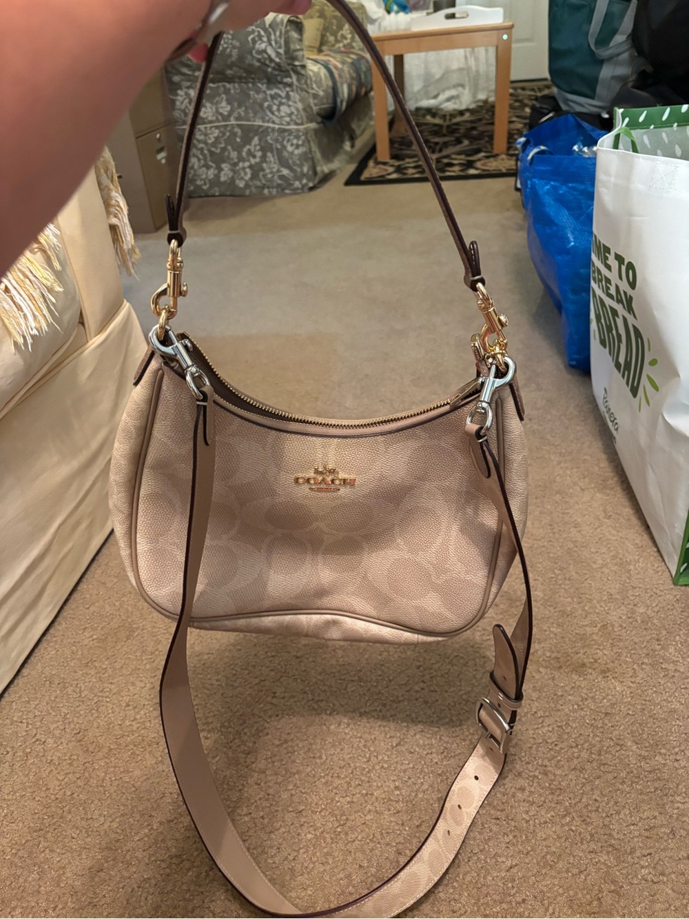 Coach Teri Hobo Bag Blocked Signature Canvas Crossbody/Shoulder Tan Sand CAA69